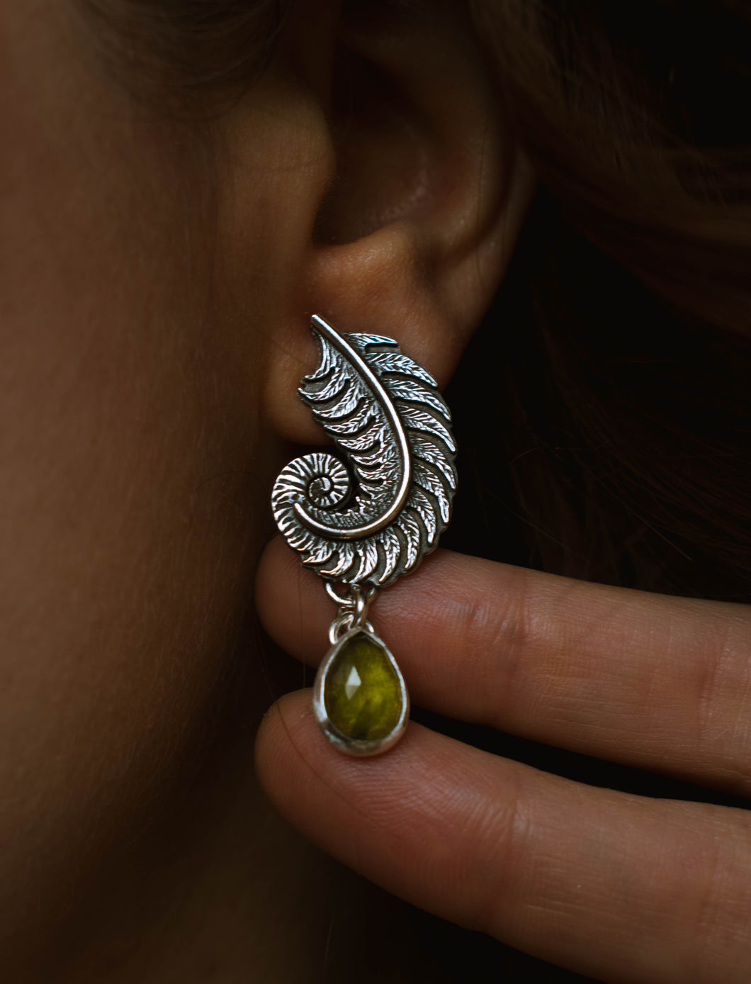 Unfurl Fern Earrings with Vesuvianite