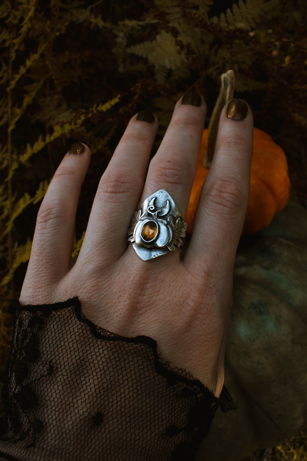 Autumn Witch Pumpkin Shield Ring (Made to Size)